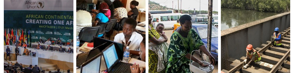 A collage of photos including (from left to right) people at a conference, people working on computers, people at a water fountain, and people working on a railroad