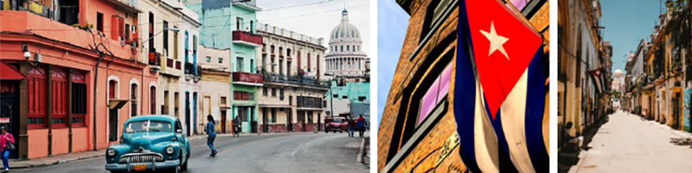 A collage of three photos including a car driving down a street in a Cuban town (left), Cuban flag on a building (middle), and an alley way (right).