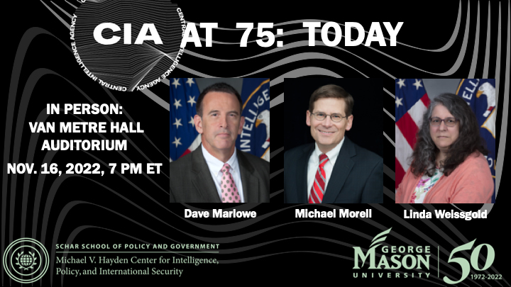 A flyer advertising an event about the CIA’s anniversary has photos of three people looking at the camera.