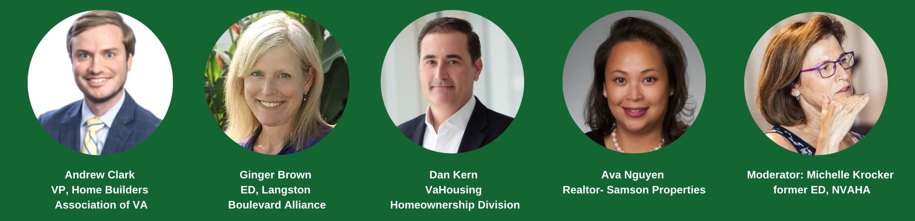 Speakers for the RELI Affordable Housing Seminar. From left to right: Andrew Clark, Ginger Brown, Dan Kern, Ava Nguyen, and Michelle Krocker (Moderator)