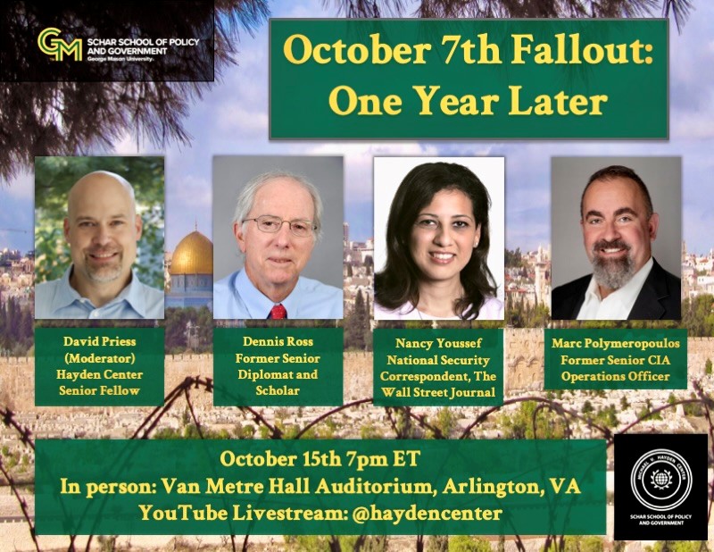 A flyer with four headshots advertising a panel discussion is in green and gold.